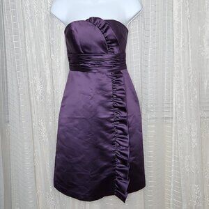 Plum Purple Satin Formal Bridesmaid Cocktail Strapless Mini Dress W/ Ruffle Sz2